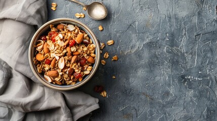 Wall Mural - A delicious bowl of granola topped with nuts and fresh strawberries. Perfect for healthy lifestyle or breakfast concept