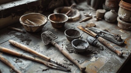 Wall Mural - Various tools neatly arranged on a table, suitable for DIY projects