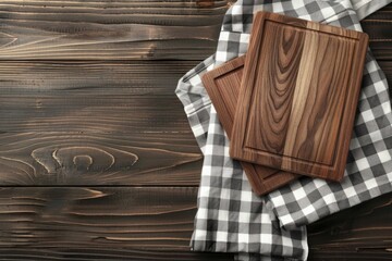 Wall Mural - A simple wooden cutting board on a classic checkered cloth. Perfect for kitchen or cooking concepts