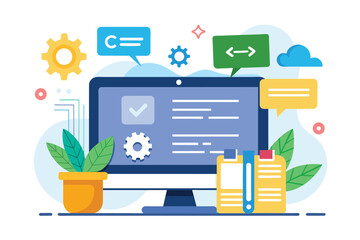 Computer screen displaying various icons above it related to programming and script writing, Programming language improvements, script writing, Simple and minimalist flat Vector Illustration