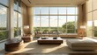 Luxurious Minimalist Living Room in Modern Home: Expansive Windows with Natural Light Filtering