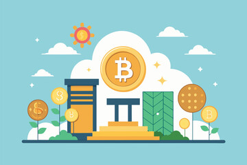 Poster - A building with a bitcoin symbol on its rooftop, regarding bitcoin business, Simple and minimalist flat Vector Illustration