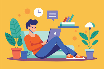 Sticker - A person sitting on a couch, using a laptop, Relax on the phone with the internet, Simple and minimalist flat Vector Illustration