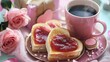 Indulge in heart shaped toast slathered with strawberry jam accompanied by a steaming cup of coffee fresh pink roses and a charming gift box against a backdrop of Valentine s Day delight Th