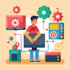 Wall Mural - A man stands in front of a computer, engaging in repair troubleshooting, Repair troubleshooting on the computer, Simple and minimalist flat Vector Illustration