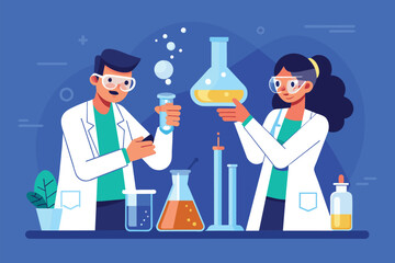 Poster - Two individuals in lab coats holding beaks and flasks for experiments in a laboratory setting, Researchers are examining Erlenmeyer flasks, Simple and minimalist flat Vector Illustration