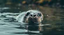 A Close-up Of A Seal's Face, Partially Submerged In Water, With Its Whiskers Visible.