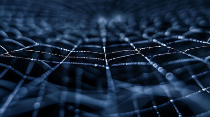 a close - up of a spider's web, with a spider's head visible on the left side of the image, and a s