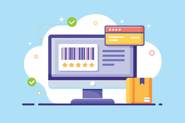 Poster - A computer screen showing a barcode for payment on a sales website, Sales website on computer with barcode payment, Simple and minimalist flat Vector Illustration