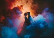 A beautiful bride and groom in love, surrounded by colorful smoke