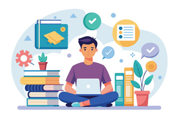 Poster - A man sitting on the floor, focused on using a laptop, seek knowledge through the internet and books, Simple and minimalist flat Vector Illustration