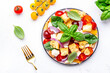 Fresh summer salad with tomatoes, stale bread, onion, cheese, green basil and olive oil, white table background, top view