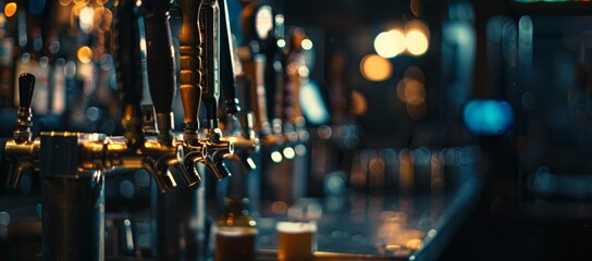 Closeup of beer tap heads on bar counter, dark background, focus on front of frame with some depth of field blur Generative AI