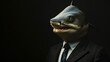 a man in a suit and shark mask standing in front of a black background