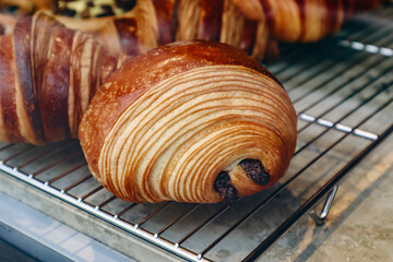 Close-up of fresh and beautiful french pastries in a bakery showcase