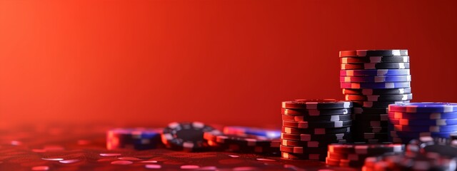 Wall Mural - a pile of poker chips sitting on top of each other on a table with a red background behind them