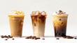 © Nijat - Banner Set of ice cappuccino, ice caramel latte coffee and black americano coffee cold isolated clipping path clean cut on white background.