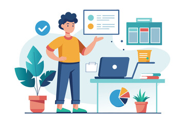 Poster - A man stands in front of a desk, concentrating on the screen of his laptop, Someone explains a work project, Simple and minimalist flat Vector Illustration