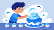 A little boy concentrates intently as he pipes swirls of blue and white frosting onto a cake carefully following the instructions of the