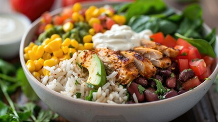 Poster - Indulge in a delightful homemade Mexican chicken burrito bowl packed with rice beans corn tomato creamy avocado and fresh spinach a flavorful taco salad lunch bowl awaits
