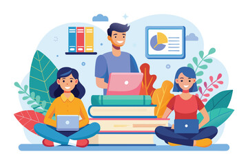 Poster - A man and woman sitting on the floor, working on laptops, students study online lessons via laptop, Simple and minimalist flat Vector Illustration