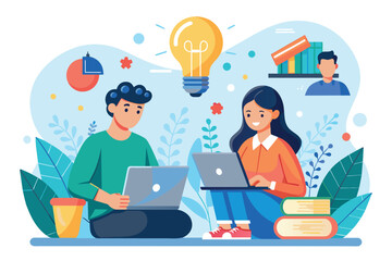 Sticker - Man and Woman Working on Laptops, students study on the internet looking for ideas, Simple and minimalist flat Vector Illustration