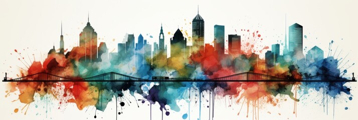 a dynamic watercolor cityscape featuring vivid colors and lively brush strokes. ideal for vibrant ba