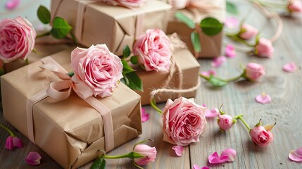 Poster - A delightful display of pink roses nestled amidst carefully wrapped gifts on a serene light wooden backdrop