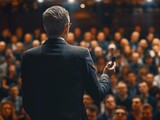 Fototapeta  - A man stands in front of a crowd, holding a microphone. The audience is attentive and engaged, listening to the speaker. Concept of importance and authority
