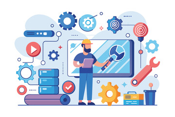 Poster - A man stands in front of a screen tightly holding a wrench, appearing to be engaged in repair or maintenance work, System repair consulting concept, Simple and minimalist flat Vector Illustration