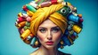 Creative portrait of a woman for banner, business card and advertising on a blue background. A girl's headdress made from spools of multi-colored threads. Sewing, weaving production, sewing studio.
