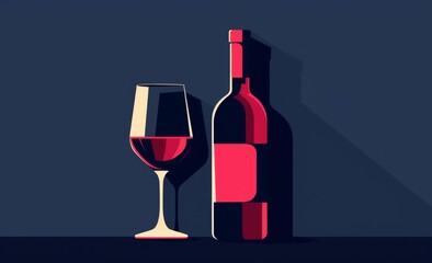 Wall Mural - wine bottle and glass on table, dark blue background with red color elements Generative AI