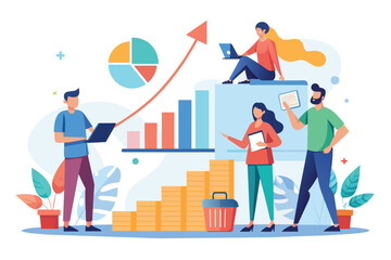 Poster - Group of individuals analyzing a pile of coins in a simple and minimalistic setting, Teamwork analyzing growth graph, Simple and minimalist flat Vector Illustration