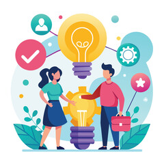 Poster - Man and Woman Standing Next to a Light Bulb, Teamwork ideas of partnership and departmental cooperation, Simple and minimalist flat Vector Illustration