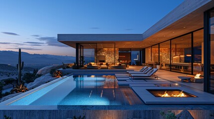 outdoor living space - modern mansion in the desert at night with swimming pool