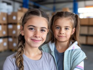 Two young girls are smiling and posing for a picture. They are wearing gray and blue clothing. Scene is happy and friendly