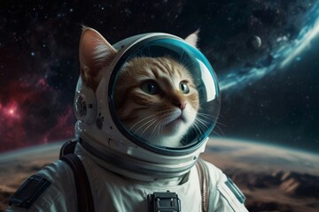 Wall Mural - Cat in a spacesuit Colorful space galaxy cloud nebula, cosmos background wallpaper