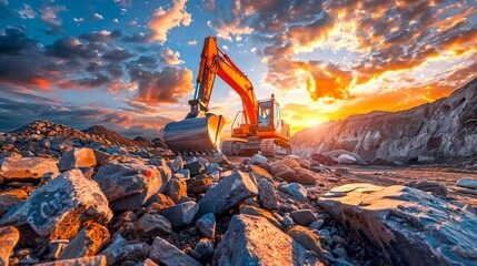 Industrial Excavator on Construction Site at Sunset, Earthmoving in Progress. Heavy Machinery Mining. Dramatic Sky Backdrop. AI