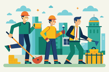 Wall Mural - A grouping of men standing in a row next to each other, displaying unity and camaraderie, the importance of men's process of working, Simple and minimalist flat Vector Illustration