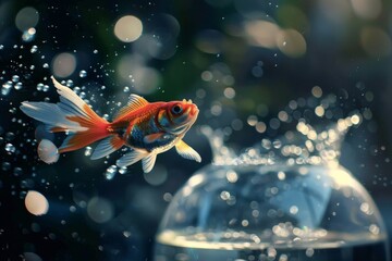 Wall Mural - Vibrant goldfish leaps from water, symbolizing freedom or change