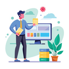 Wall Mural - A man standing in front of a computer screen displaying a management website page, the man shows the management website page on the monitor screen, Simple and minimalist flat Vector Illustration