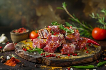 Wall Mural - Wooden cutting board with raw meat and fresh vegetables for a delicious dish