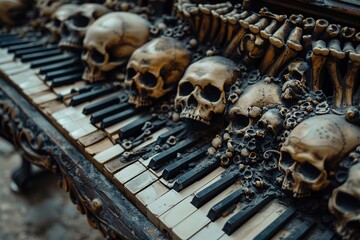 Poster - details of a piano made of skulls and bones. horror halloween concept