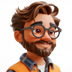 Profile character of a software developer with smiling glasses, on isolated white background, 3d animated character.