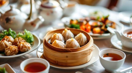 Wall Mural - sumptuous plate of Chinese dim sum, featuring delicate dumplings filled with savory meats and vegetables, served with steaming cups of fragrant tea.