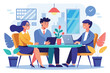 Three People Sitting at a Table With a Laptop, three people had a business meeting at the office, Simple and minimalist flat Vector Illustration