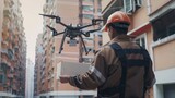 Fototapeta  - drone operator controlling a delivery drone remotely, navigating it through urban airspace with ease