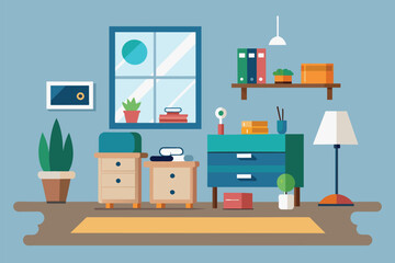 Wall Mural - A living room featuring a dresser and a window, creating a simple and minimalist atmosphere, Tidy up the residence, Simple and minimalist flat Vector Illustration