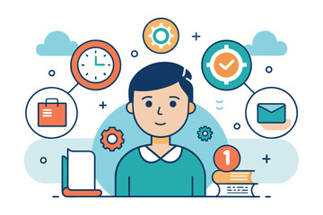 Sticker - A man sits at a desk with various icons above him, indicating work and productivity, Time management personal management self-management, Simple and minimalist flat Vector Illustration