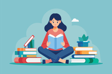 Wall Mural - Woman Sitting on Floor Reading Book, Tiny woman reading a book between pile of books, Simple and minimalist flat Vector Illustration